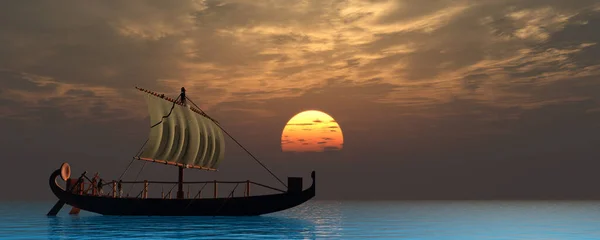 Dva Lodníci Plují Klidném Oceánu Starověké Egyptské Plachetnici Když Slunce — Stock fotografie