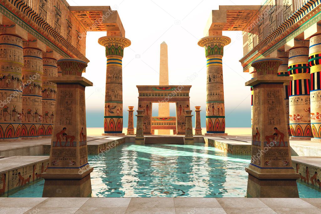 Ornate Egyptian architecture with hieroglyphs surround a pool in historical Egypt with an obelisk standing guard.