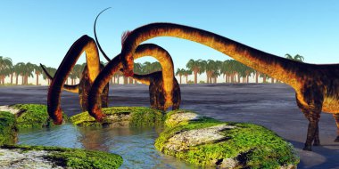 Bir Barosaurus dinozor sürüsü Jurassic Dönemi boyunca susuzluklarını gidermek için lezzetli bir su kaynağı bulur..