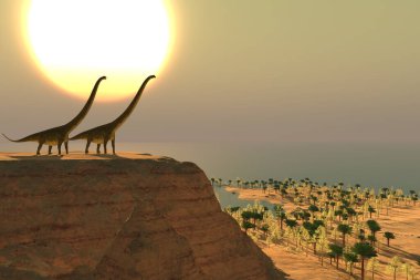 Bir çift Mamenchisaurus dinozoru aşağıdaki ağaçların yapraklarını yemek için uçurumdan nasıl ineceklerini bulmaya çalışıyorlar..