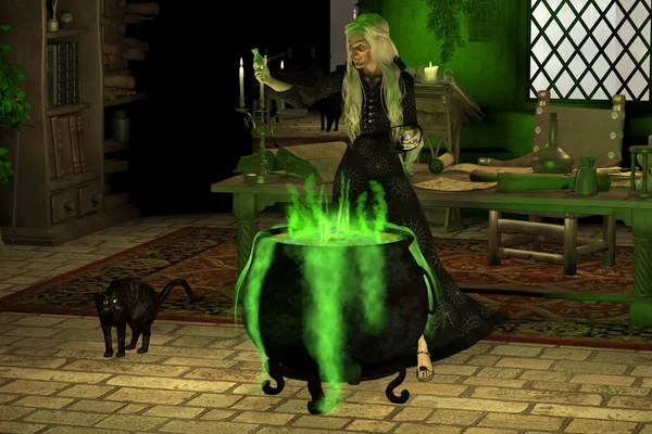 Witch Considers Whether Put Toad Phlegm Juice Her Green Cauldron — Stock Photo, Image