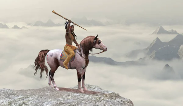 ウォーボンネットのインディアンが戦争のポニーを西の山脈の崖の上に乗せている — ストック写真