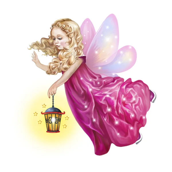 Little Fairy Flying Flashlight White Background — Stock Photo, Image