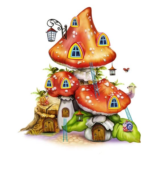 Fairytale Mushroom House Isolerad Illustration Vit Bakgrund — Stockfoto