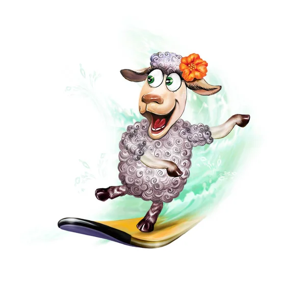Funny Sheep Surfboard Relaxing Ocean Water Vacation Concept — Stock Photo, Image