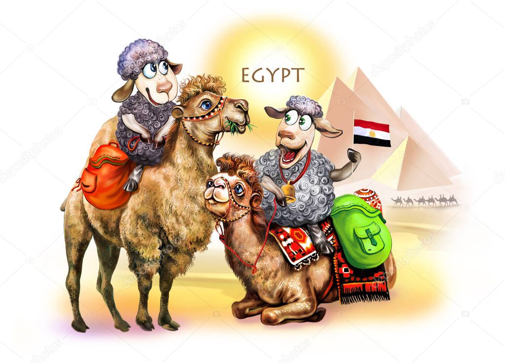 Two sheep traveling through Egypt on camels, cartoon animals in Africa, tourism concept