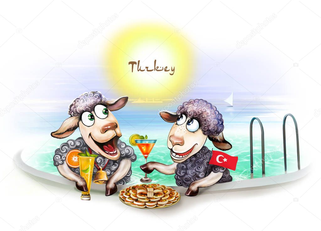 Two sheep in hotel of Turkey in pool drinking cocktails on background of sea, vacation concept