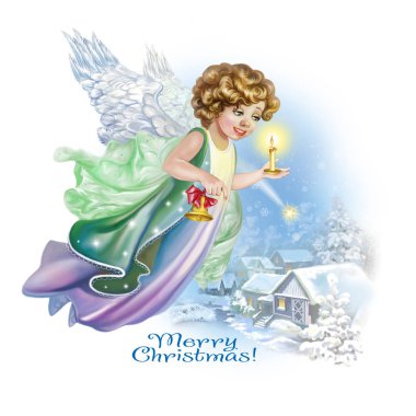 Güzel melek kız gökyüzünde çan ve mum evler üzerinde karlı Noel tatili ile uçan