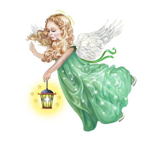 Beautiful Angel Girl Flying Lamp Hand Isolated White Background — Stock Photo, Image