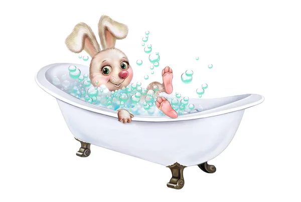 Bunny Washing Bath Hare Soapy Foam Cartoon Animal Bathroom Bunny — Stock Photo, Image