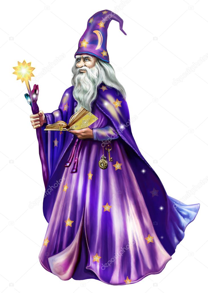Magician in hat and mantle holding in hands ancient book, wizard with staff, wise astrologer, old sorcerer, isolated character on white background