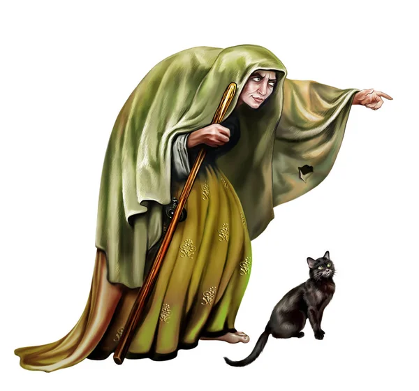 黑猫女巫 负面童话人物 邪恶的黑暗女巫 白色背景上孤立的角色 — 图库照片