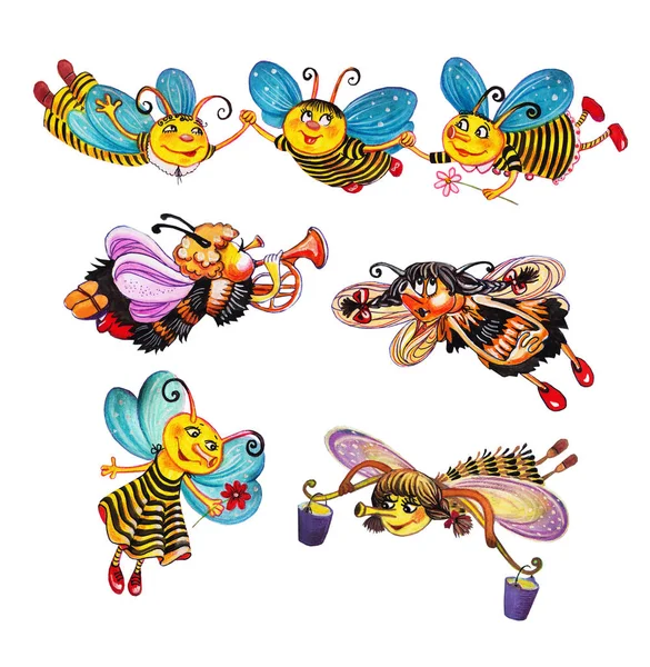 Abejas Dibujos Animados Conjunto Imágenes Insectos Animales Divertidos Personajes Aislados — Foto de Stock