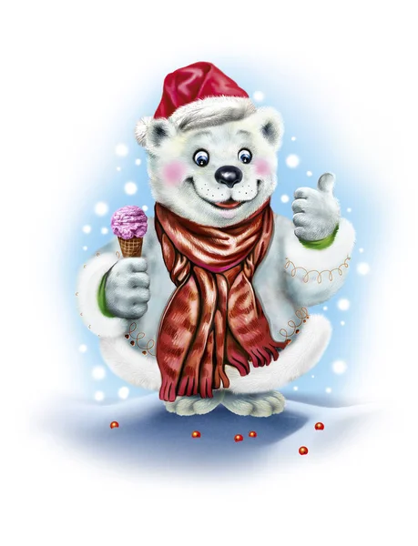 Polar Bear Santa Hat Holding Ice Cream — Stock Photo, Image