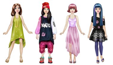trendy moda giysi, beyaz arka planda karikatür karakterleri genç kızlar
