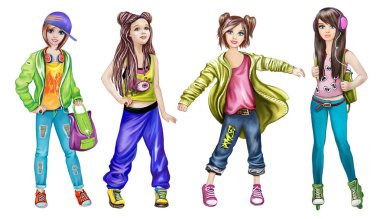moda kıyafetler, beyaz arka planda izole karikatür karakterleri genç kızlar