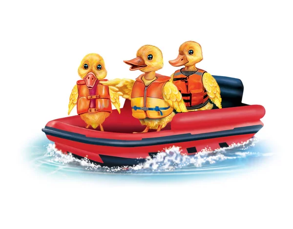 three funny ducklings in inflatable boat, water patrol in life jackets on white background