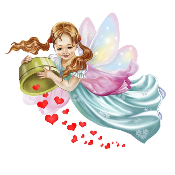 小さな美しい妖精が心を振りかける グリーティングカードハッピーバレンタインデー 白い背景に孤立した文字 — ストック写真