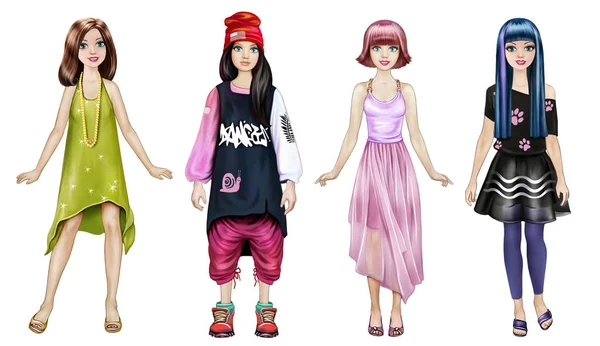 Adolescentes Vêtements Mode Mode Personnages Dessins Animés Sur Fond Blanc — Photo