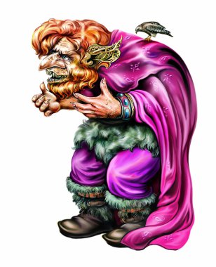 omzunda yırtıcı kuş ile öfkeli Goblin, Shaggy Orc, dişleri ile yamyam, korkunç dev, beyaz arka planda izole karakter