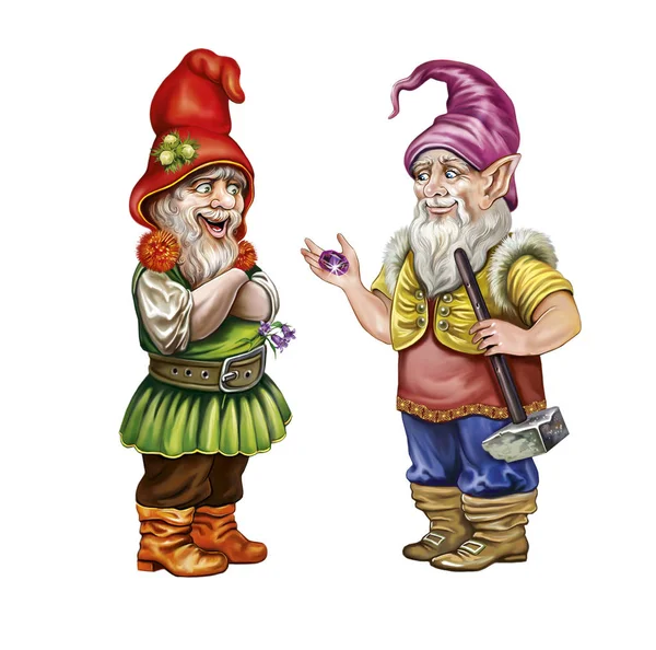 Two Funny Gnomes Hats Holding Hands Precious Stone Kind Fairy — Stock Photo, Image