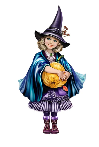 Little Sorceress Pumpkin Witch Costume Pointed Hat Halloween Greeting Card — Stock Photo, Image