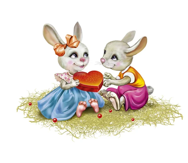 情人节兔爱女友给他的女朋友一颗心 有趣的动物为贺卡 一盒巧克力为他心爱的 卡通人物孤立在白色背景 — 图库照片