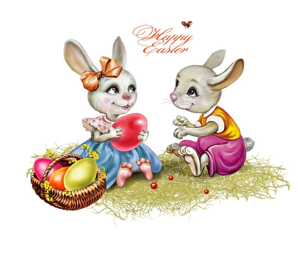 两只有趣的兔子 一篮子鸡蛋 卡通动物 一张带有复活节的贺卡 白色背景上孤立的人物 — 图库照片