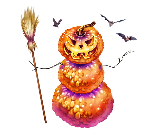 scary pumpkin with a broom and bats, night monster, holiday Halloween, All Saints\' Eve, isolated character on a white backgroun