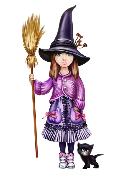 little witch with a broom and black cat, sorceress in a black hat, fairy-tale character isolated on a white background