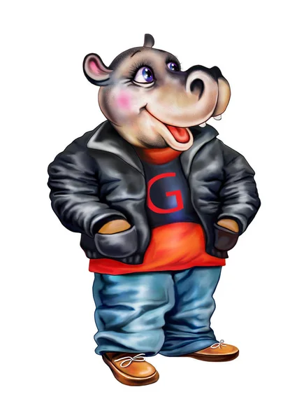 fun hippo, cartoon animal in clothes, an isolated character on a white background