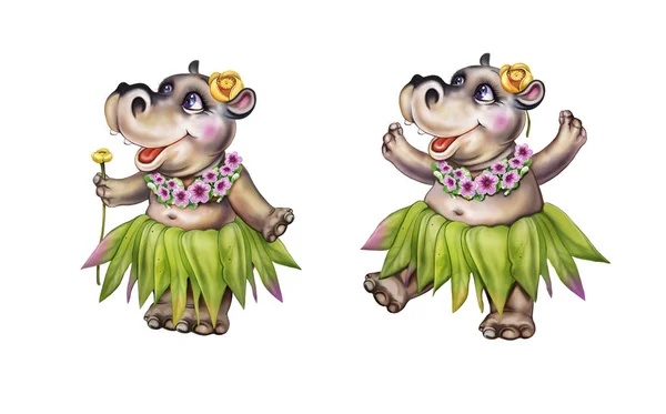 Śmieszne Hippo Taniec Dziewczyna Spódnicy Liści Palmowych Kreskówka Zwierzę Kwiatami — Zdjęcie stockowe