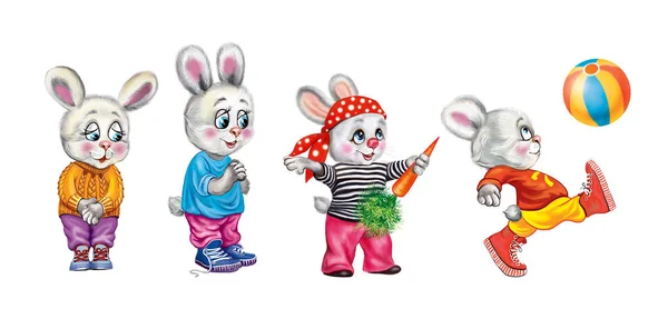 面白いウサギ ボールで遊ぶウサギ 漫画の動物のセット 白い背景に孤立した文字 — ストック写真