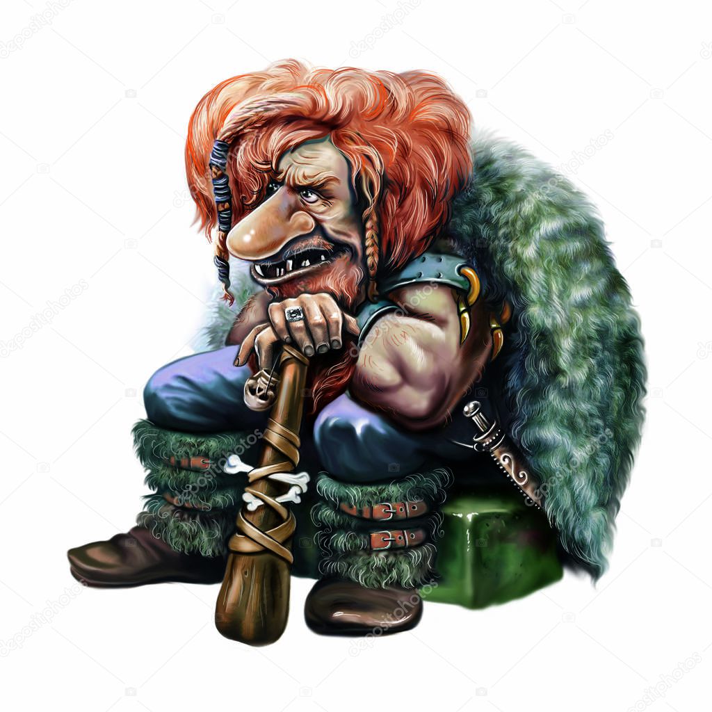 funny goblin with a cudgel, with a skull and bones, an angry giant sitting on a stone, red-haired shaggy orc in the skin, isolated character on a white background