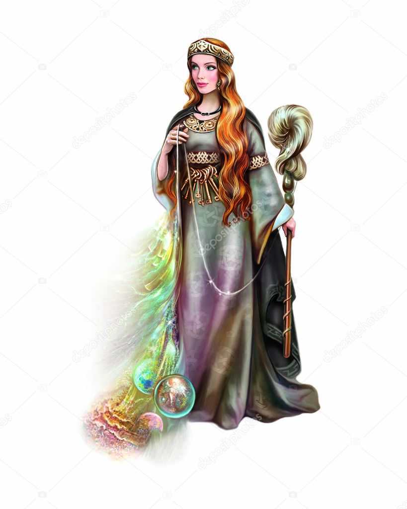 Pagan Goddess of Destiny with a spinning wheel and a thread of Life, Scandinavian and Slavic mythology, ancient gods, a beautiful witch, a world of magic, an isolated character on a white background