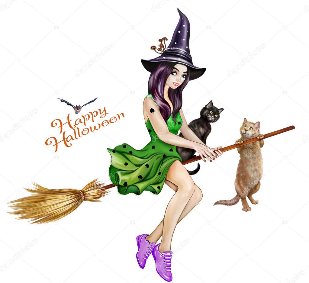 beautiful sexy witch on a broom with black and red cats, bat, funny congratulations with Halloween, All Hallows' Eve, isolated characters on a white background