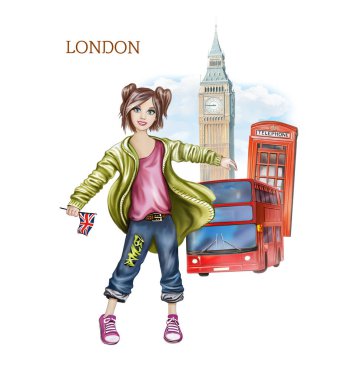 Londra'da konumlar arka planda Genç kadın turist, İngiltere'ye gezi, İngiltere'de eğitim, beyaz arka plan üzerinde izole