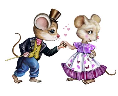İki komik fareler, Sevgililer Günü kartı tebrik, kız erkek öpüşme eli, karikatür hayvanlar, smokin ve elbise fareler, beyaz arka plan üzerinde izole karakterler