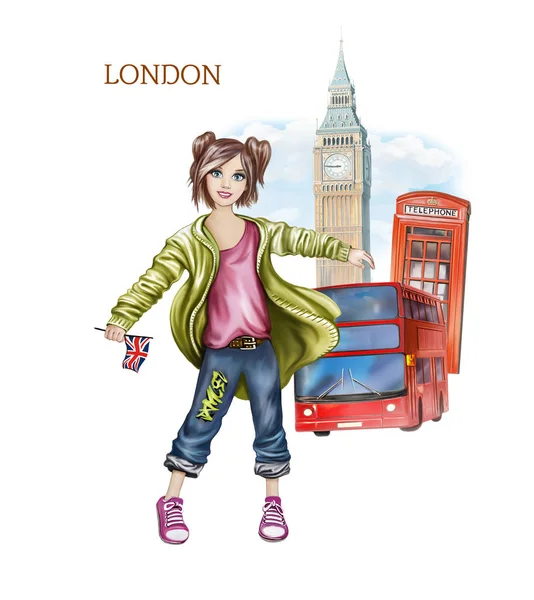 Teenage female tourist on background of attractions in London, trip to UK, studying in England, isolated on white background