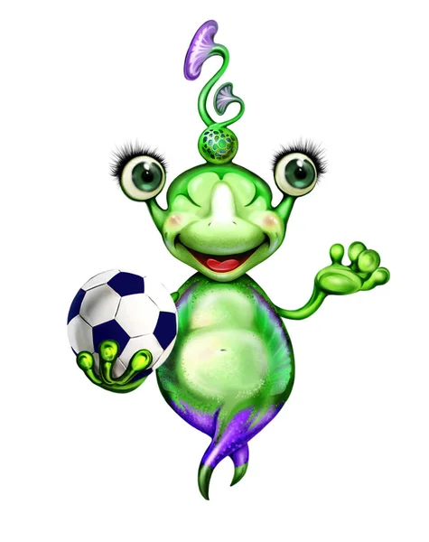 Alien Football Green Sport Creature Isolated Cartoon Character White Background — Stock Photo, Image