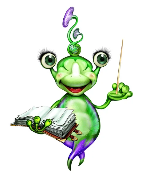 Green cute alien teacher with book and pointer, funny character isolated on white background