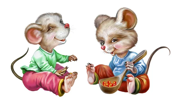 Две Забавные Маленькие Мыши Мультяшные Животные Белом Фоне — стоковое фото