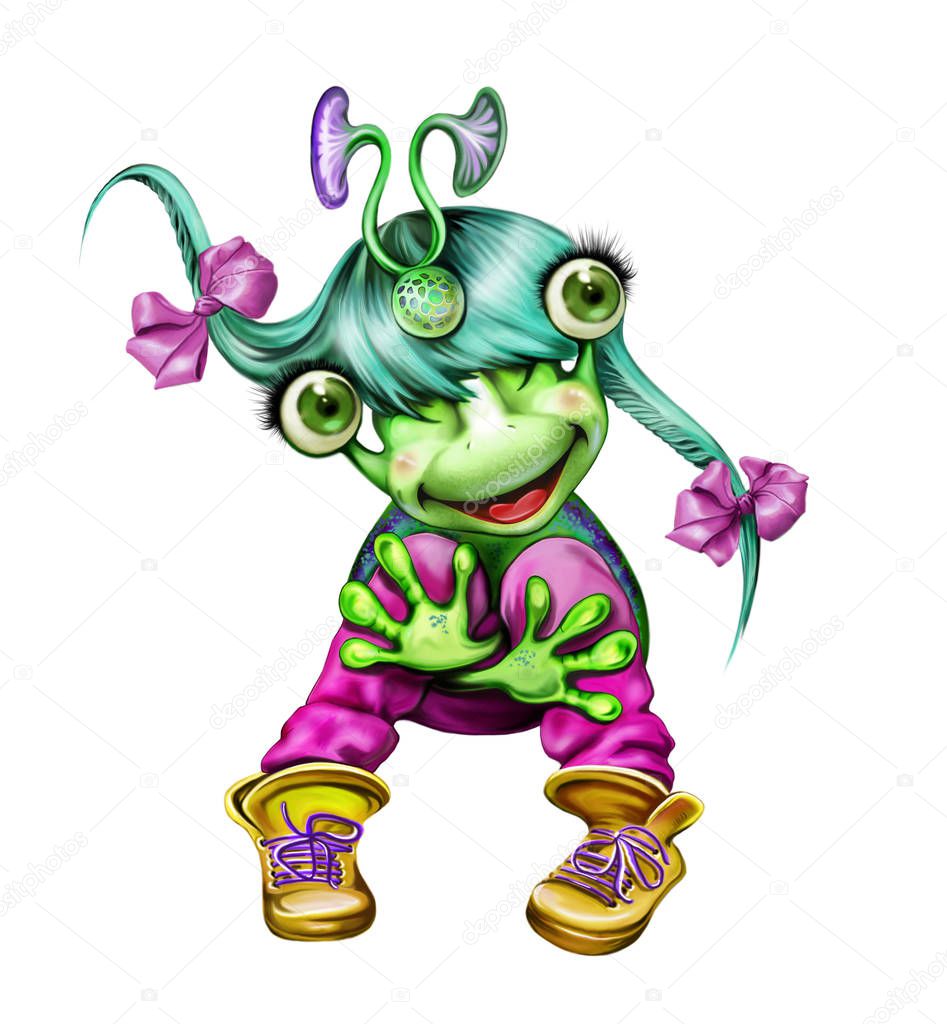 Cute alien cartoon girl with pigtails and bows, isolated character on white background