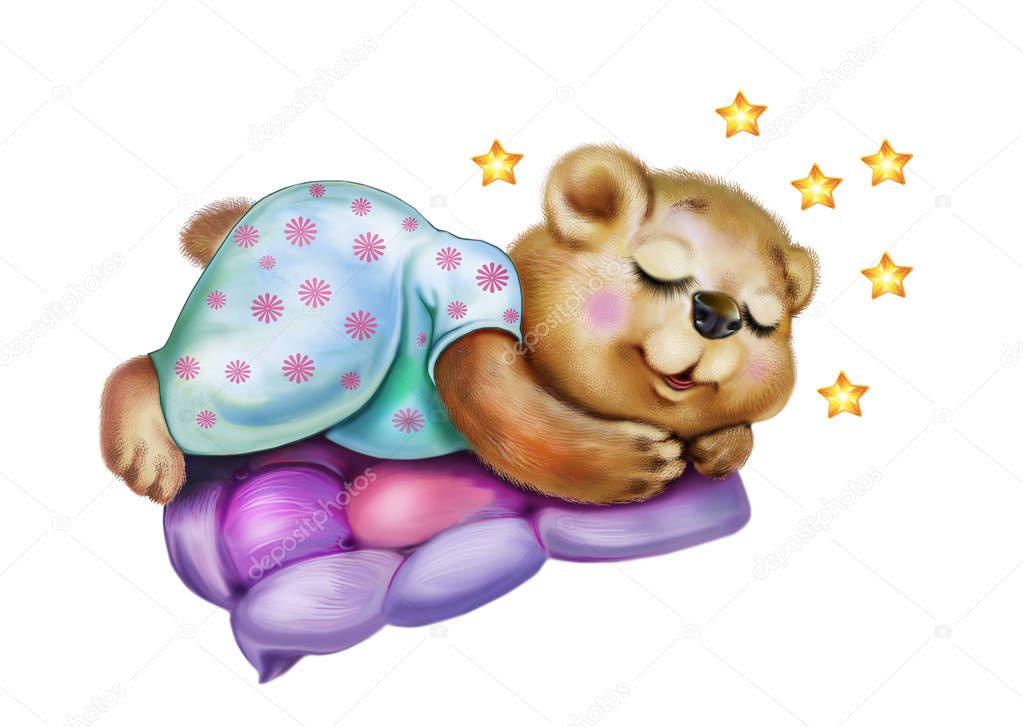 Little bear sleeping sweetly, young animal dreaming, cartoon character on white background