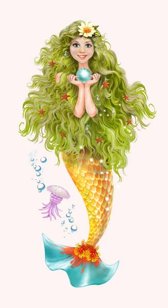 Une Belle Sirène Aux Longs Cheveux Verts Tient Une Perle — Photo