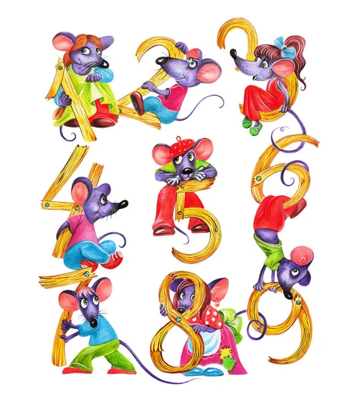 funny mouse with numbers, cartoon animals are taught to count, math for children, watercolor and color pencils