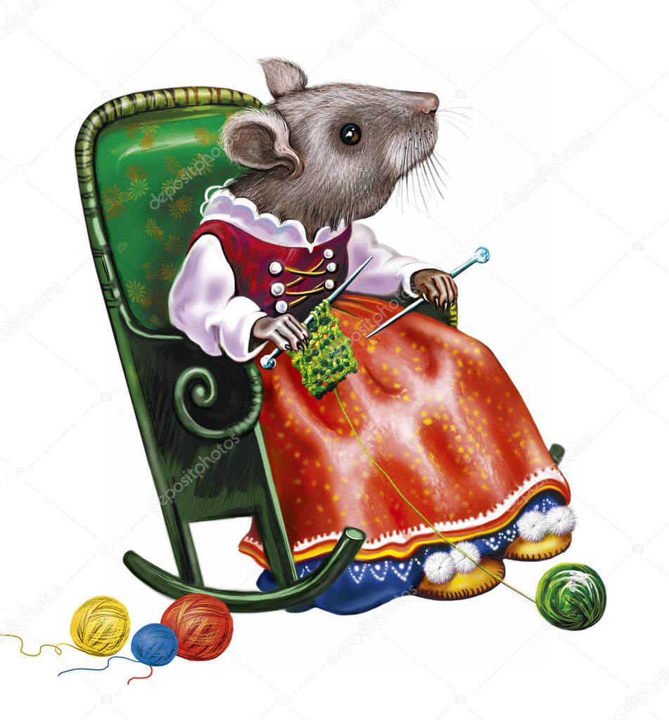 funny mouse sits in a rocking chair with knitting in hand, a cartoon animal knits from colored balls of thread, a warm cozy place, an isolated character on a white background