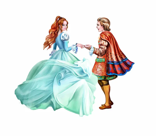 prince and princess, happy end of a fairy tale, fluttering dress, isolated characters on a white background