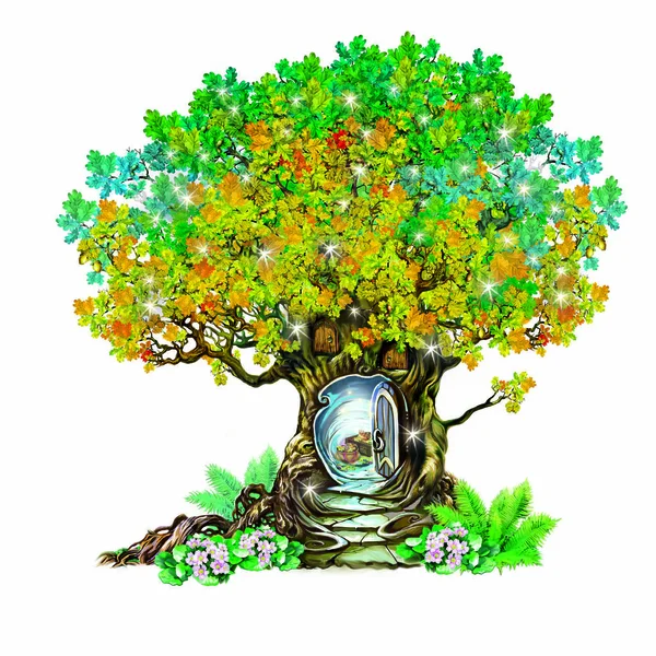 Magic Tree Shines Oak Portal Another World Half Open Secret — Stock Photo, Image