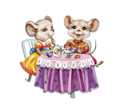 iki komik küçük Mouses masada çay içiyor, karikatür fareler, erkek ve kız, beyaz arka planda izole görüntü